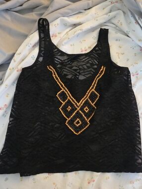 Rue21 Black Lace Tank with Gold Beaded Geometric Accent